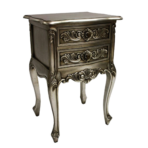 French Style Bedside Table Silver Leaf